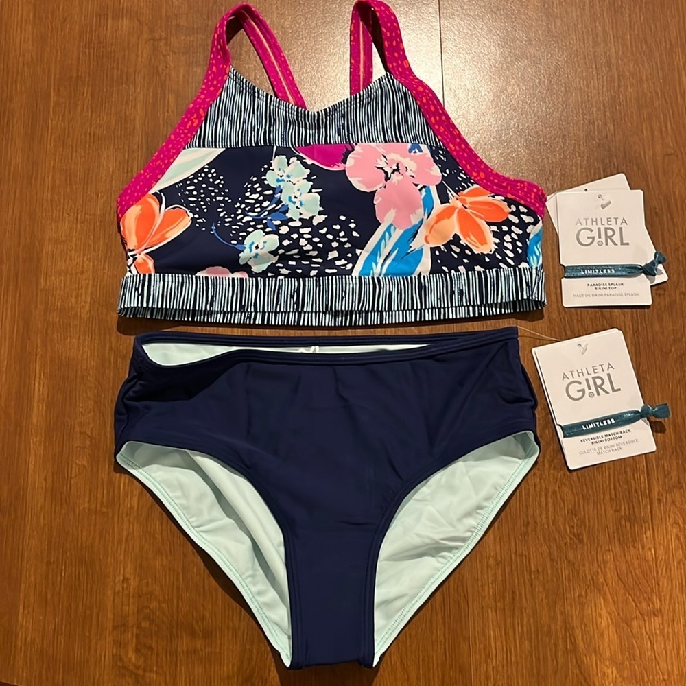 NWT Athleta Girl Paradise Splash Bikini top with matching bottoms Size XL/14.